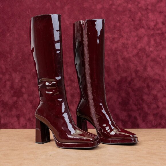 Jeffrey Campbell Women Maximal 90s Square Burgundy Patent Leather Boots sz 5.5 - Picture 1 of 9